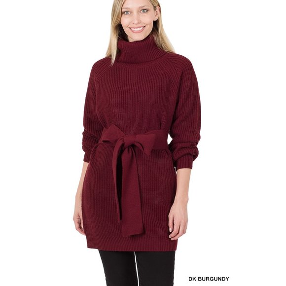 Dresses & Skirts - Turtleneck  Sweater Dress - Belted - Dark Burgundy Dress